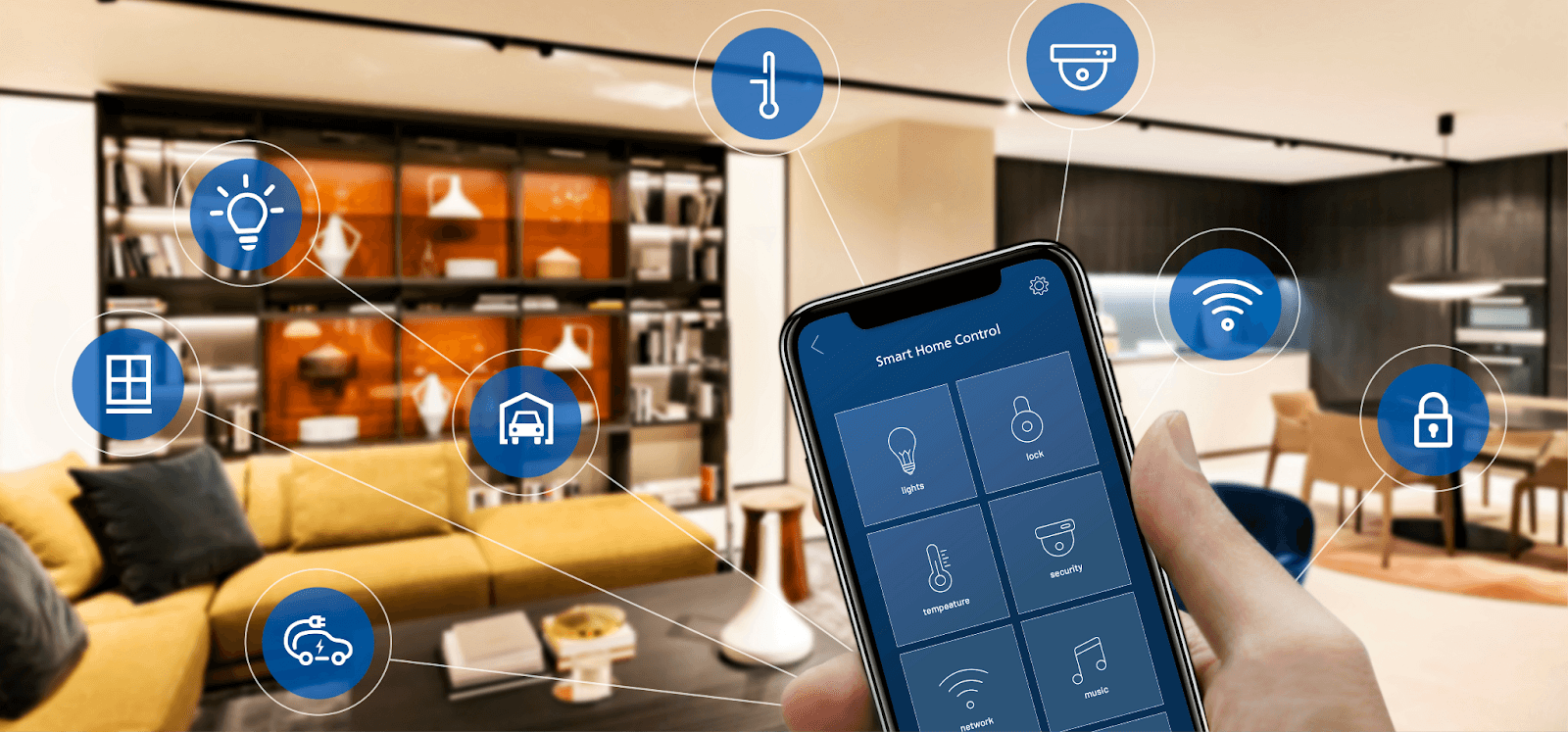 Hotel lobby with integrated technology systems