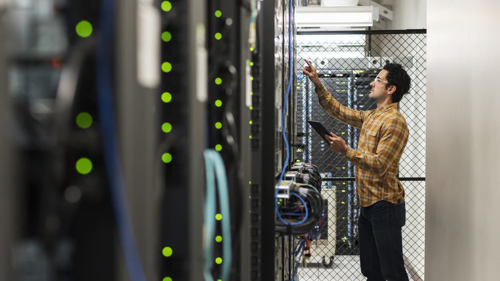 Server room with rack-mounted networking equipment